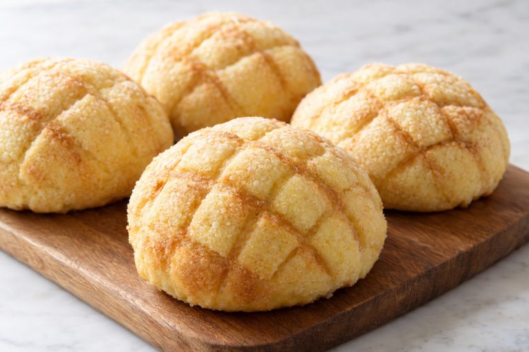 Quatre melon pan à croûte biscuitée quadrillée et sucrée sur une planche en bois